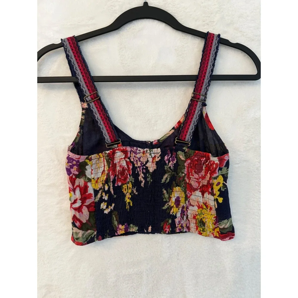 Free People FP One Floral Crop Top Womens Medium Patchwork Embroidered Boho Navy